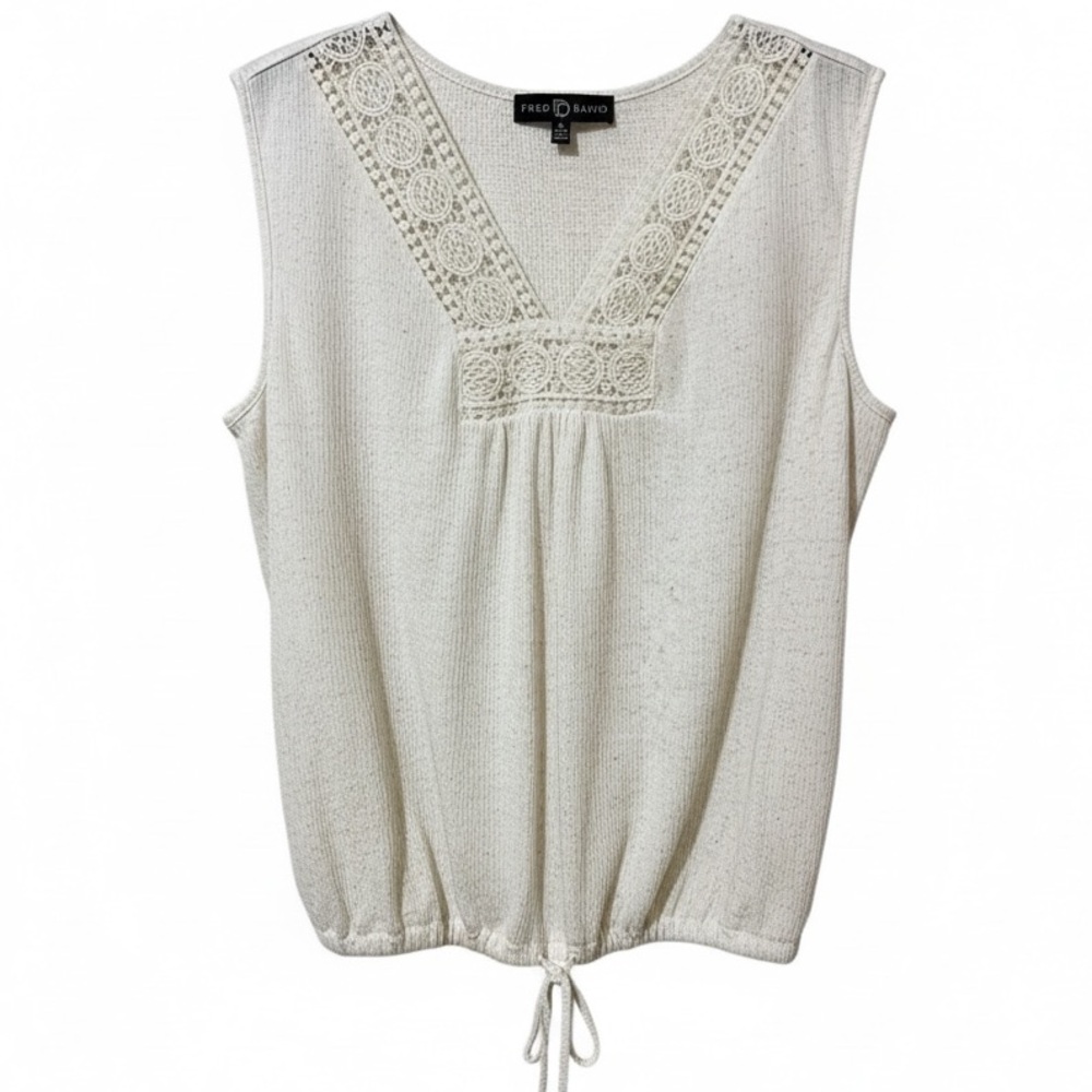 FRED DAVID oatmeal linen blend sleeveless top crocheted style v-neck size Medium